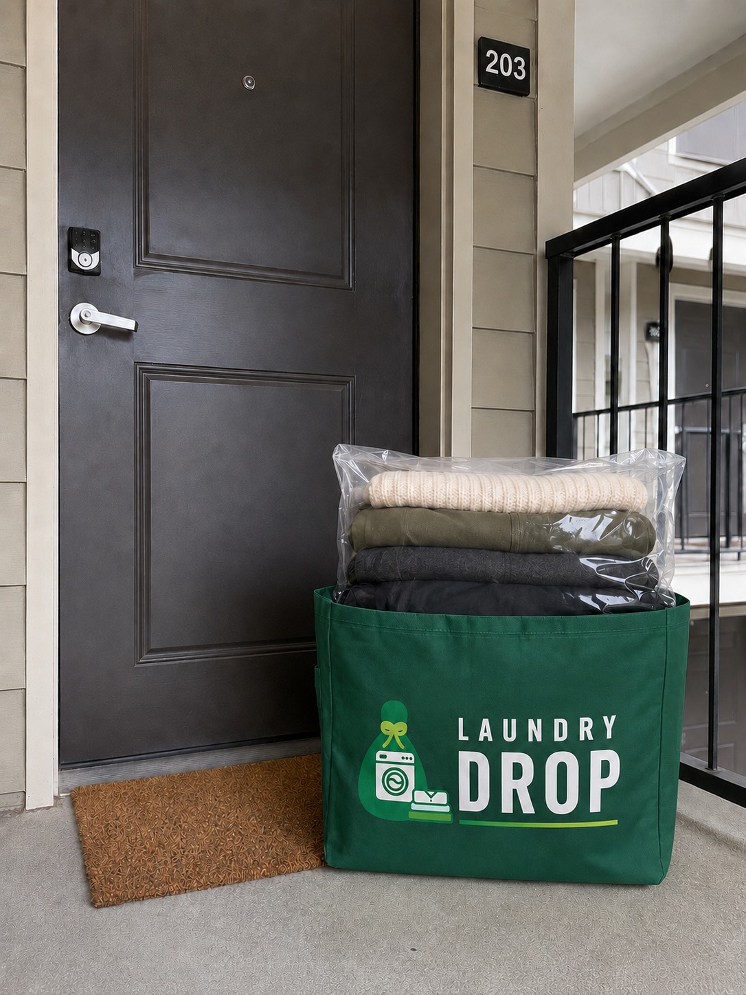 A Laundry Drop bag of clean folded laundry back at an apartment door